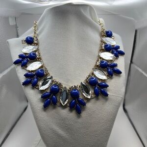 J Crew Acrylic Blue, faux diamonds and rhinestones gold tone statement necklace